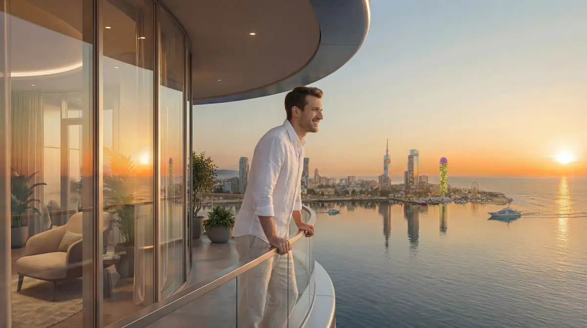 Balkon apartamentu nad morzem o zachodzie słońca, w tle wybrzeże Batumi
