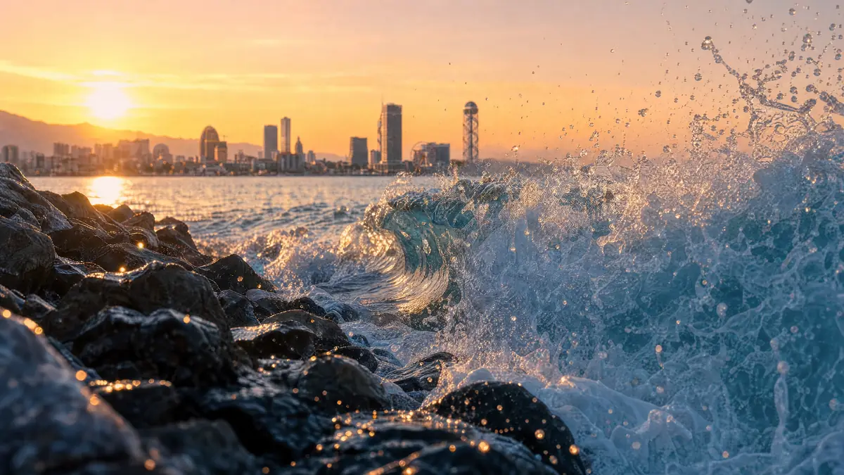 Wizualizacja dewelopera: fale na kamiennym brzegu, Batumi o zachodzie