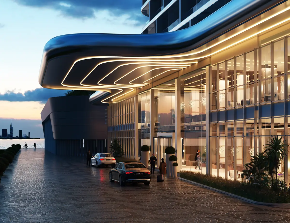 Wizualizacja dewelopera: lobby budynku na Ambassadori Island w Batumi.