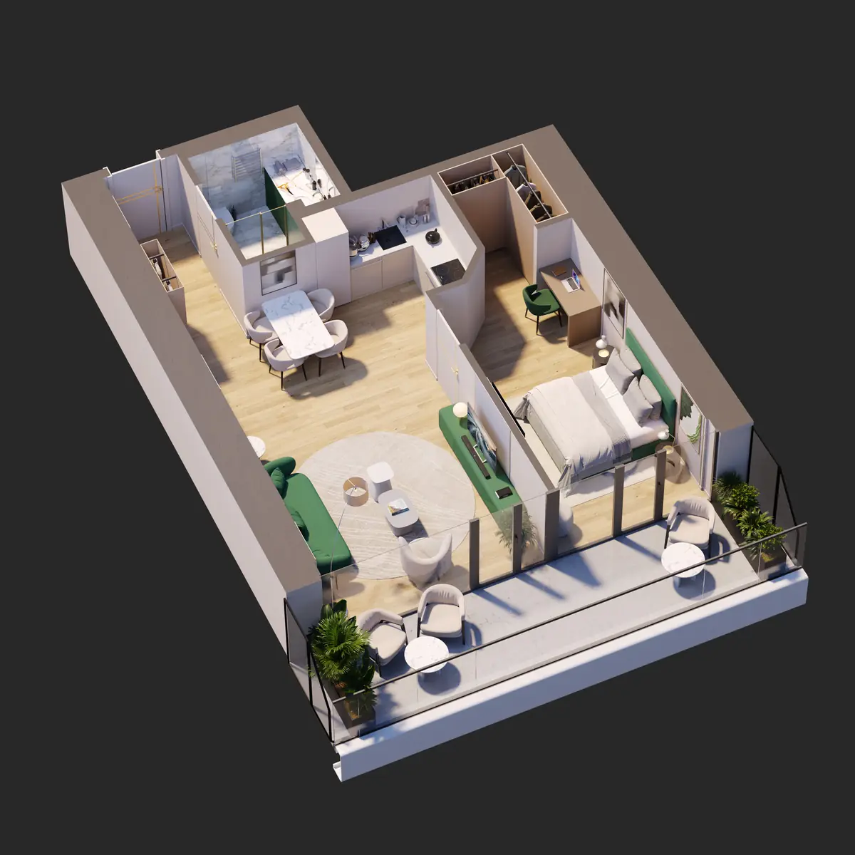 Wizualizacja dewelopera: rzut 3D apartamentu z jedną sypialnią