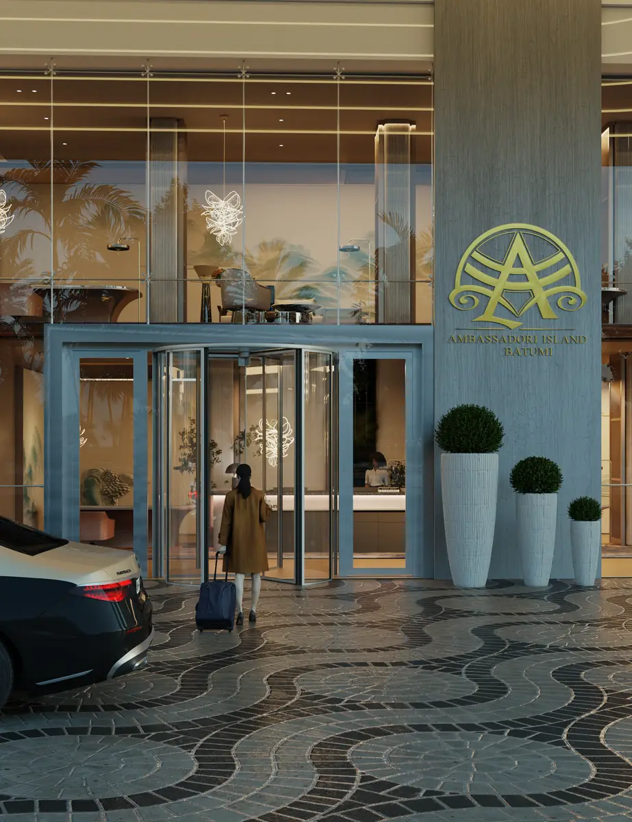 Wizualizacja dewelopera: wejście do budynku z logo na Ambassadori Island