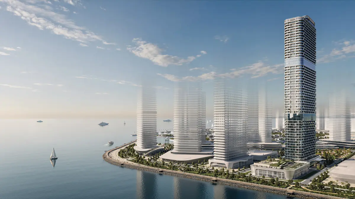 Wizualizacja dewelopera: wieża First na tle wyspy Ambassadori Island w Batumi