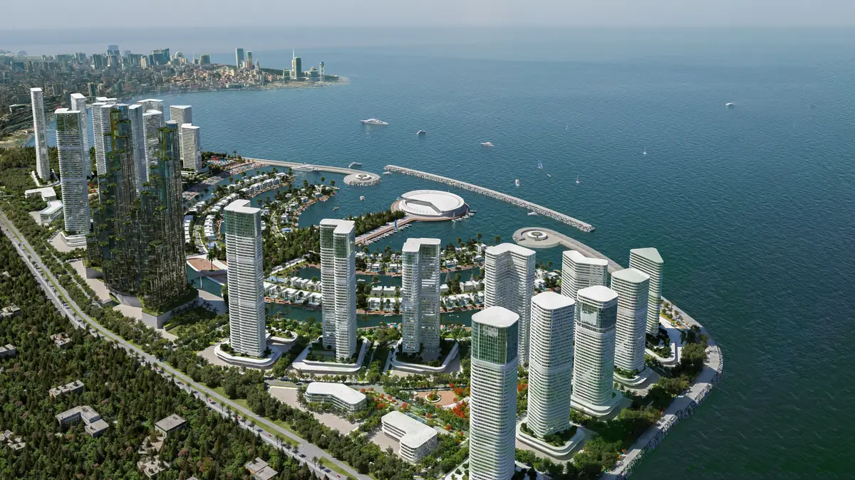Wizualizacja dewelopera: sztuczna wyspa w Batumi w dzień, miasto w tle